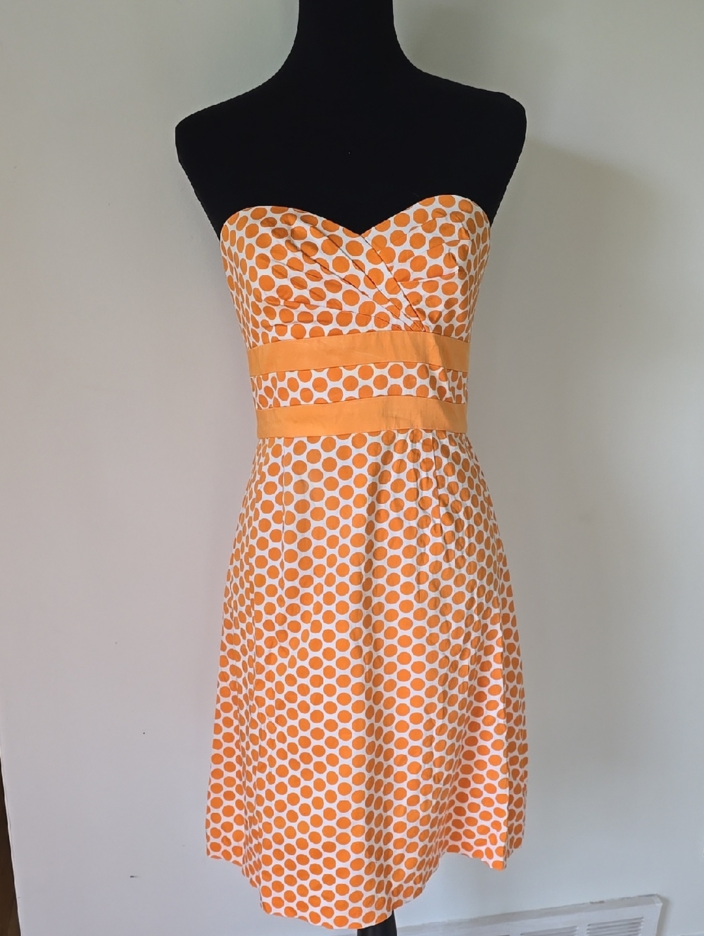 Donna Ricco Orange and White Polka Dot Strapless Dress